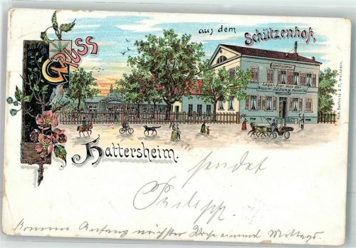Hattersheim 1899 Gasthaus Schützenhof Kutsche Lithographie