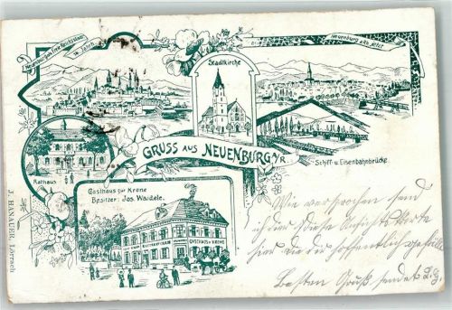Neuenburg 1908 Rathaus Gasthaus zur Krone Schiff- und Eisenbahnbrücke
