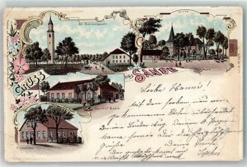 Sande 1898 Gasthaus Buss Kirche Alt-Marienhausen Bahnpost Emden