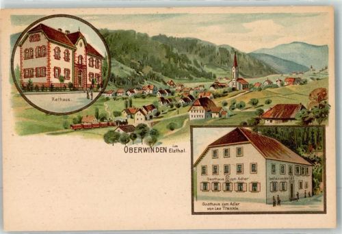 79297 W7809 Oberwinden , Elztal Lithographie Rathaus Gasthaus zum Adler