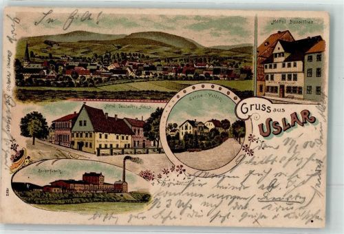 37170 W3418 Uslar 1900 Lithographie Hotel Deutsches Haus Zuckerfabrik Jörns-Villen Hotel Bussilliar Bahnpost Zug 287