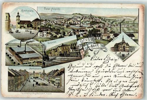 08626 O9930 Adorf , Vogtl 1896 Lithographie Kirchplatz Rathaus Marktplatz Bahnhof Fabrik Weber