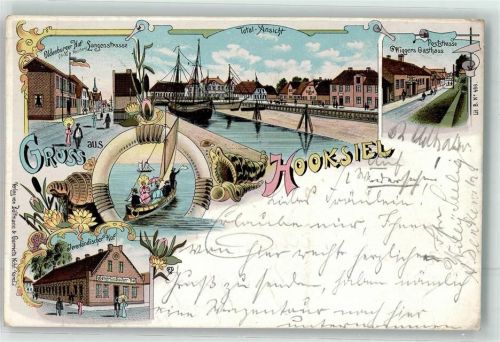 Hooksiel 1902 Poststraße Gasthaus Wiggers Hafen Jeverländischer Hof Segelboot Rettungsring
