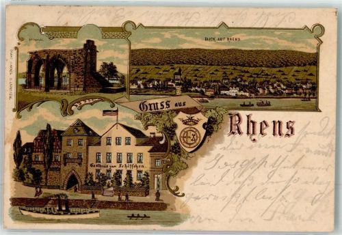 56321 W5401 Rhens 1909 Lithographie Königsstuhl Gasthaus zum Schiffchen Wappen