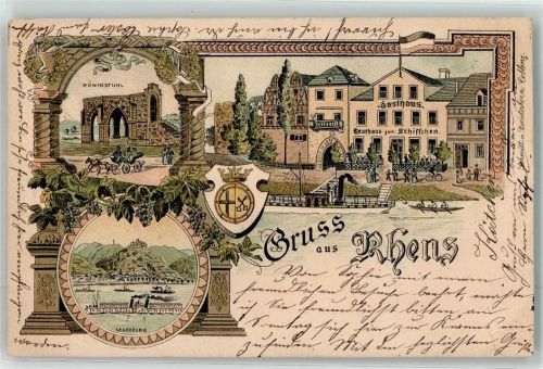 56321 W5401 Rhens 1899 Gebrauchsspuren Marxburg Königstuhl Gasthaus zum Schiffchen Lithographie
