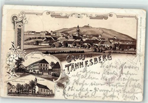 92723 W8481 Tännesberg 1899 Gebrauchsspuren Schulhaus Walfartskirche Messnerhaus Lithographie