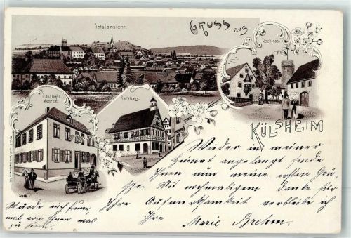 97900 W6987 Külsheim , Baden 1899 Lithographie Rathaus Gasthaus zum Mohren Schloß Turm