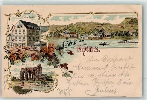 56321 W5401 Rhens 1899 Lithographie Königsstuhl Gasthaus zum roten Ochsen Weintrauben
