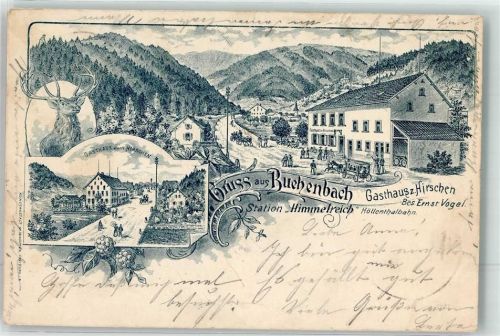 79256 W7801 Buchenbach , Breisgau Lithographie Vorläufer Gasthaus zum Hirschen Station Himmelreich Hirsch