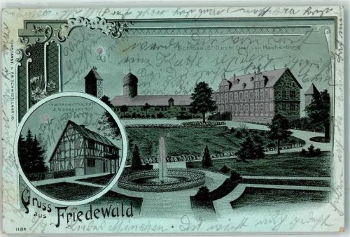 36289 W6431 Friedewald , Hess 1900 Lithographie Schloß Hachenburg Schloßgarten Springbrunnen Gasthaus z. Nassauer Hof