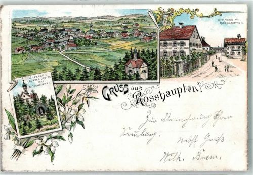87672 W8959 Roßhaupten , Forggensee 1899 Lithographie Kapelle Lourdes-Grotte Dorfstraße