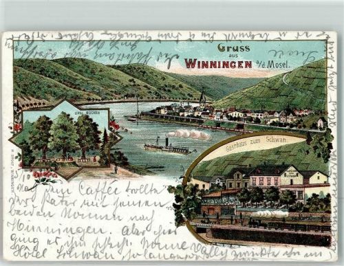 56333 W5406 Winningen , Mosel Lithographie Mosel Drei Buchen Gasthaus zum Schwan