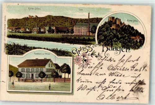 79539 W7850 Haagen , Baden 1902 Lithographie Schloß Röttler Gasthaus zur Wiese Bahnpost Basel-Zell Zg. 512