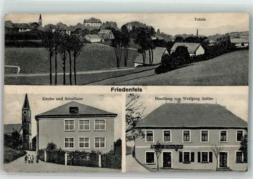 95688 W8591 Friedenfels Foto AK Kirche Schule Handlung Zeitler