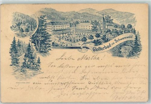 79286 W7804 Glotterbad 1900 Lithographie Vorläufer Wasserfall Luft-Hütte Doktor-Haus