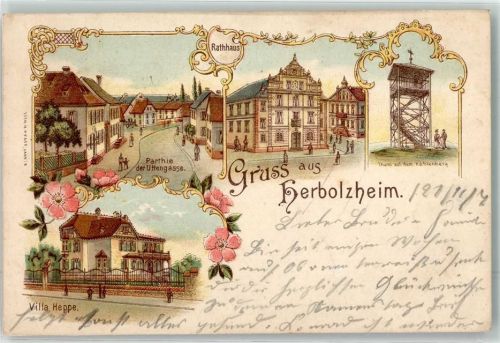 79336 W7834 Herbolzheim , Breisgau 1907 Lithographie Uttengasse Vila Happe Rathaus Aussichtsturm Bahnpost Frankfurt Zg. 980