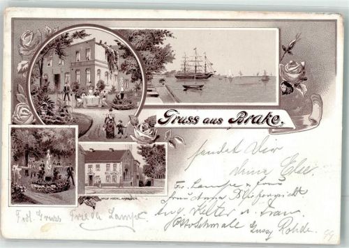 26919 W2880 Brake Unterweser 1899 Lithographie VorläuferHafen Segelschiff Hotelgarten Rosenknospe