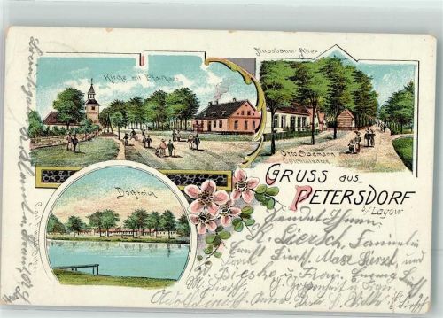 Petersdorf Piechowice 1909 Gebrauchsspuren Kirche Pfarrhaus Dorfteich Kolonialwaren Odemann Lithographie