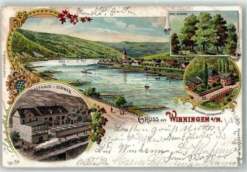 56333 W5406 Winningen , Mosel 1900 Lithographie Drei Buchen Gasthaus z. Schwan Condertal-Eingang Mosel