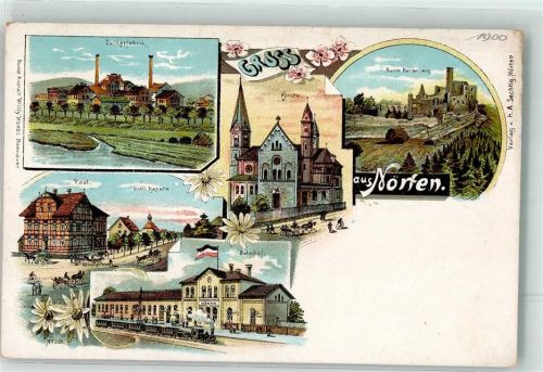 37176 W3412 Nörten-Hardenberg Lithographie Zuckerfabrik Bahnhof Post Gräfl. Kapelle Ruine Hardenberg