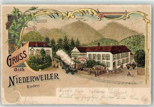Niederweiler 1907 Schloß Ruine Badenweiler Blauen Gasthaus Warteck Eisenbahn