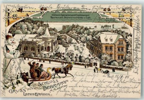 Eutritzsch 1901 Schneemann Pferdeschitten Obstwein-Schänke Schloß Debrahof Singvögel