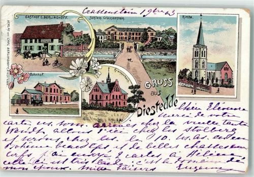 59329 W4724 Diestedde 1903 Gebrauchsspuren Gasthaus C. Berlinghoff Schloss Crassenstein Kirche Bahnhof Krankenhaus Lithographie