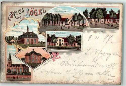 49751 W4475 Sögel 1897 Lithographie Kapelle zu Clemenswerth Hauptstraße Am Markt Landratsamt Schloss zu Clemenswerth Kirche