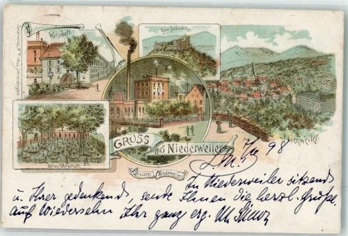 Niederweiler 1898 Badenweiler Brauerei Niederweiler Gartenwirtschaft Ruine Badenweiler Bahnpost Mülhausen-Müllheim Zg. 473