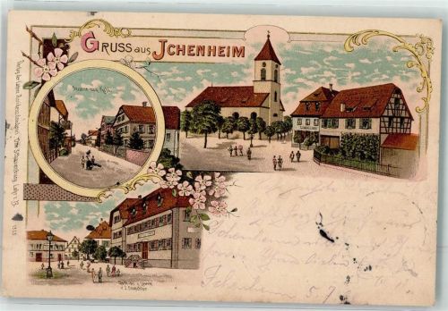 77743 W7607 Ichenheim 1898 Lithographie Kirchplatz Dorfkirche Gasthaus zum Löwen