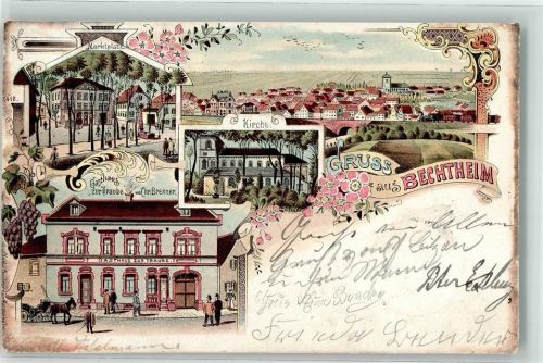 67595 W6521 Bechtheim , Rheinhess 1901 Gebrauchsspuren Marktplatz Kirche Gasthaus Zur Traube Chr. Brenner Lithographie