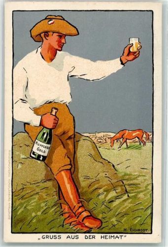 Kupferberg Gold sign Eichrodt H. Gruss aus der Heimat Landwirtschaft Pferdekoppel Künstlerbund Karlsruhe