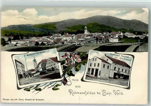 Ruhmannsfelden 1908 Marktplatz Kirche Kaufhaus K. Ponschab Otto Rambold