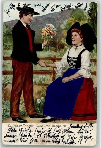 Elsässer Tracht mit Stoffapplikation Trachtenpaar Glattacker 1906