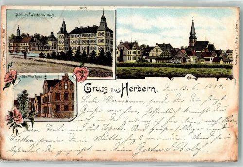 59387 W4715 Herbern , Kr Lüdinghausen 1904 Gebrauchsspuren Schloss Westerwinkel Hotel Westhues Lithographie