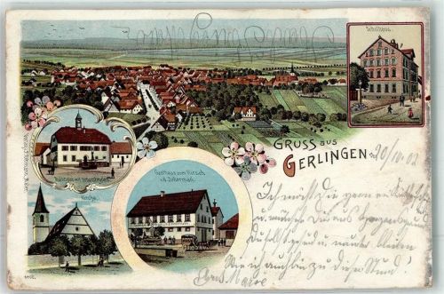 70839 W7016 Gerlingen , Württ 1902 - Rathaus Kirche Schule Gasthaus zum Hirsch