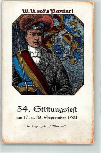 O7000 Leipzig Wissenschaftliche Vereinigung 34. Stiftungsfest September 1921 Logenheim Minerva W. V. sei's Panier! Studentenwappen Freimaurer