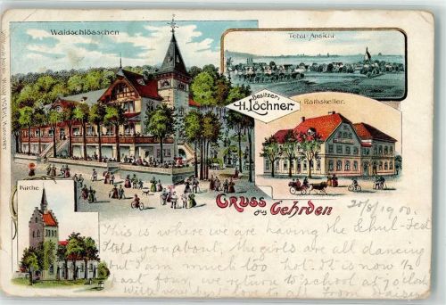 Gehrden 1900 Gasthaus Waldschlösschen H. Löchner Rathskeller Kirche Lithographie