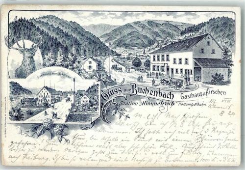 79256 W7801 Buchenbach , Breisgau 1901 Lithographie Vorläufer Gasthaus zum Hirschen Dorfstraße Hirschkopf