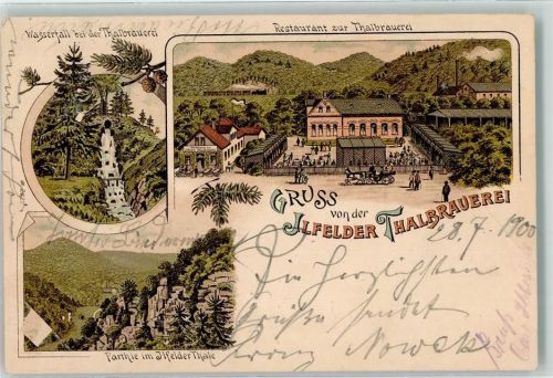 99768 O5505 Ilfeld , Südharz 1900 Lithographie Wasserfall Gasthaus Zur Thalbrauerei