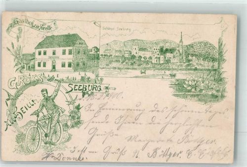 37136 W3401 Seeburg , Niedersachs 1900 Lithographie Radfahrer Gasthaus zur Forelle Schloß Seeburg
