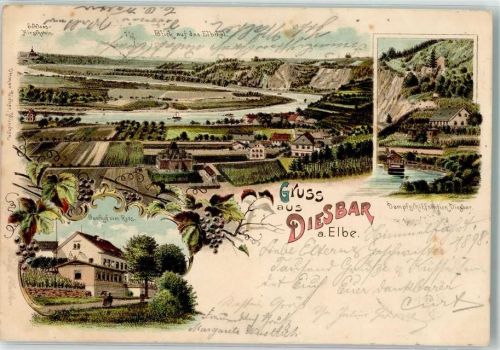 01612 O8401 Diesbar-Seußlitz 1898 Lithographie Gasthaus Zum Ross Dampfschiffstation Elbtal