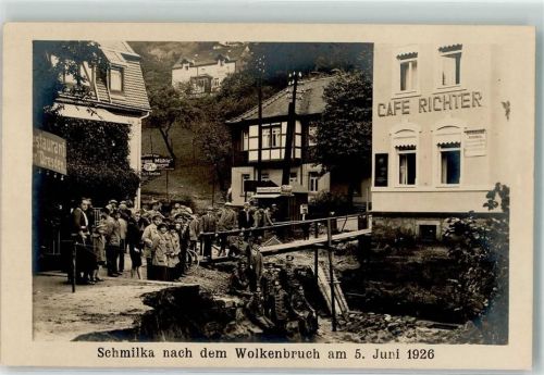 01814 O8320 Schmilka - Unwetter Wolkenbruch 5. Juni 1926 Cafe Richter Brücke Soldaten Foto M. Seidel