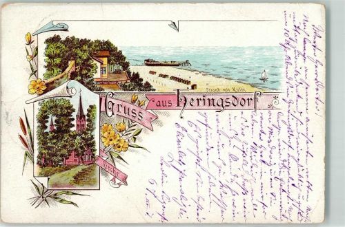 23777 W2444 Heringsdorf , Holst 1894 Lithographie Strand mit Kulm Kirche Vorläufer