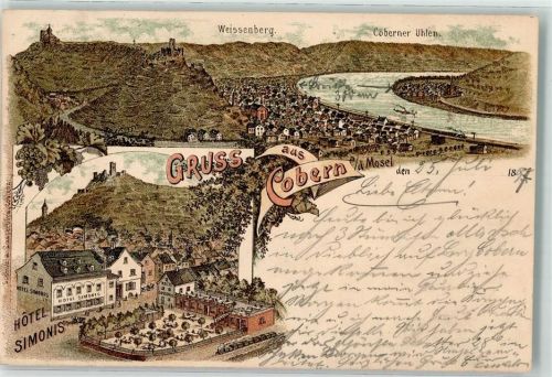 56299 W5405 Kobern 1897 Lithographie Hotel Simonis Eisenbahn Weissenberg Coberner Uhlen