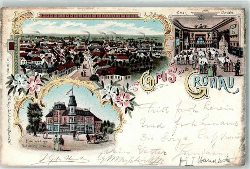 48599 W4432 Gronau Westf. Gebrauchsspuren Hotel zum Engel Speisezimmer Lithographie