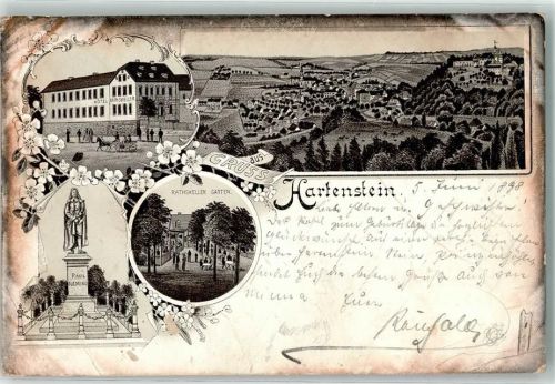 08118 O9509 Hartenstein b Zwickau 1898 Gebrauchsspuren Paul Fleming-Denkmal Hotel Rathskeller Garten Lithographie