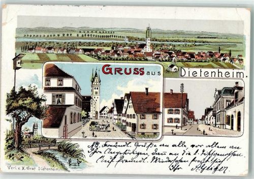 89165 W7905 Dietenheim , Iller 1910 Gebrauchsspuren Postkutsche Lithographie
