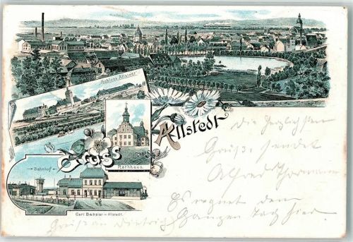 06542 O4702 Allstedt 1902 Lithographie Rathaus Bahnhof Schloß Allstedt Bahnpost Allstedt-Oberröblingen Zg. 688