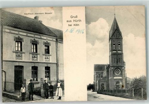 50354 W5030 Hürth , Rheinl Foto AK Kaufhaus Reusch Kirche St. Katharina